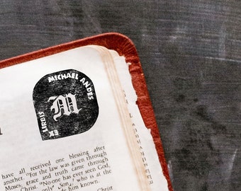 Blackletter Monogram Ex Libris Bookplate Stamp — Personalised Rubber Stamp Gift for Book Lovers