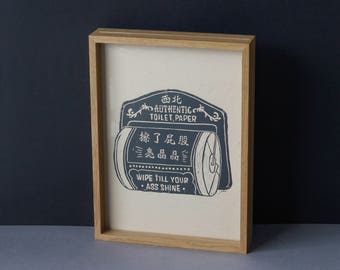 The Toilet Paper. Handmade Linocut Print, Original Vintage Inspired Art from Singapore