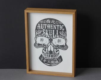 シンガポールのアートプリント、活版印刷の中国ポスター、本物のアジアの頭蓋骨。オリジナルのヴィンテージリノカットプリント