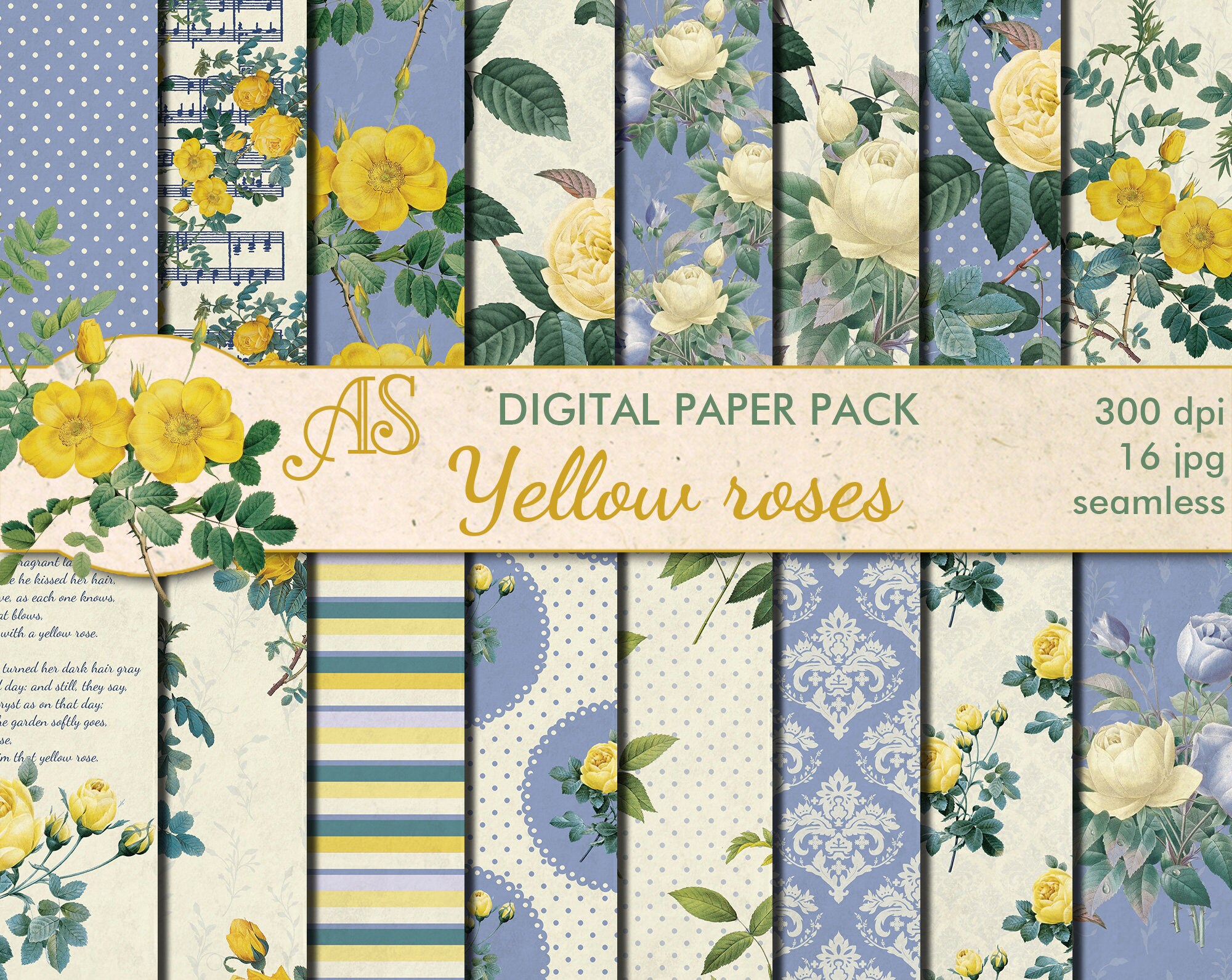 Download Digital Shabby Chic Yellow Roses Seamless Paper Pack 16 Etsy
