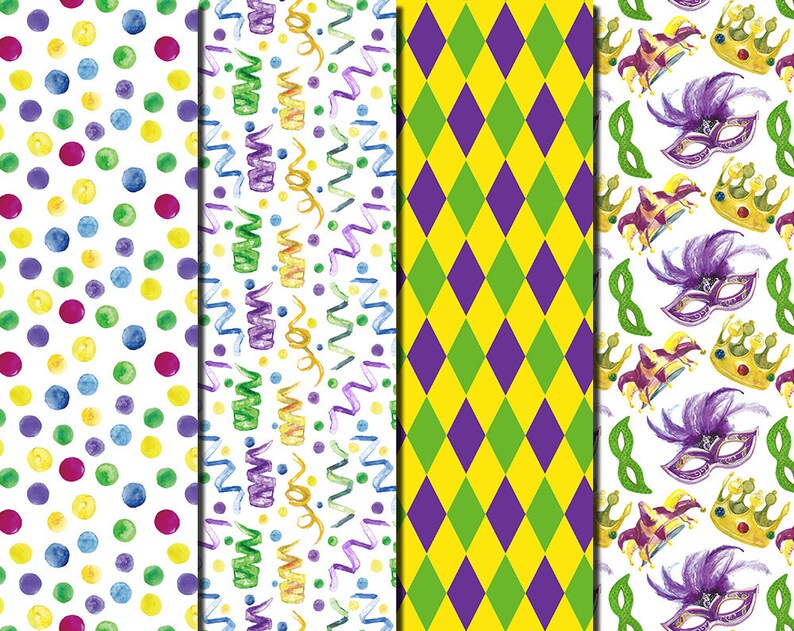 Digital Watercolor Mardi Gras Seamless Pack 16 printable | Etsy