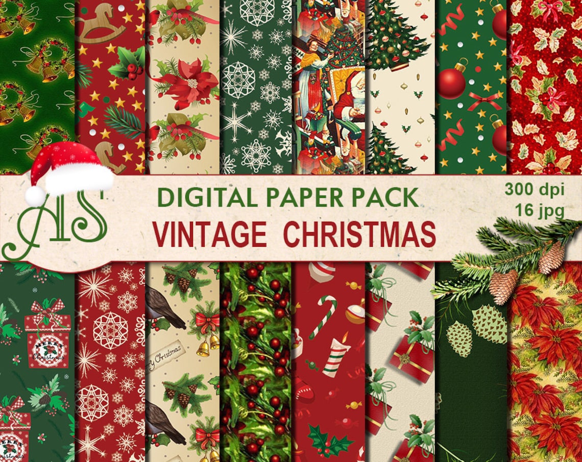Digital Vintage Christmas Paper Pack 16 printable Digital Etsy