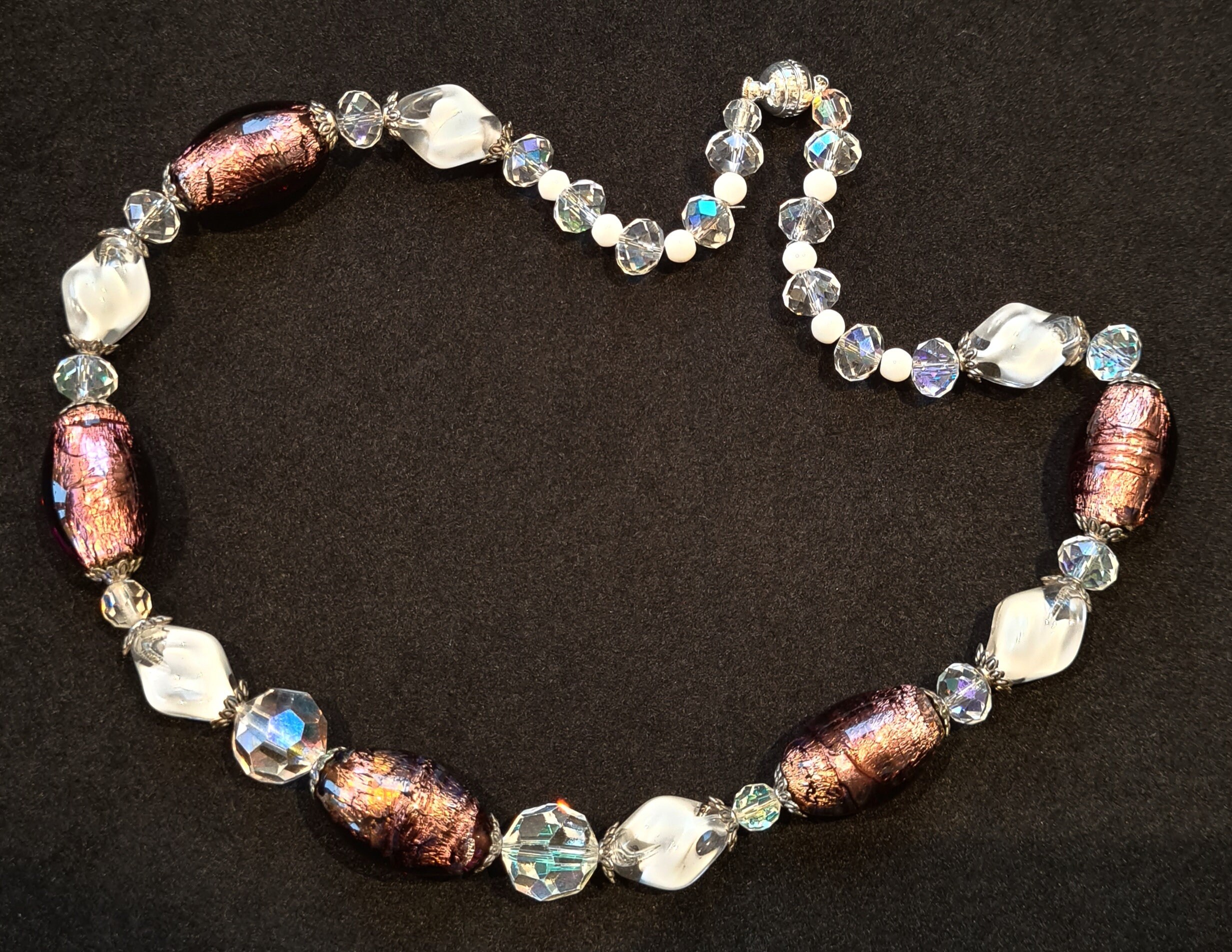 Rejewelvenation exclusive design Victorian Foil Beads with Victorian White swirl and crystal.  Choker style 43 cm. N0133