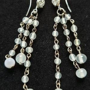 Pretty Opaline triple drop earrings on rose decorated silver wire drops. 75mm. E015