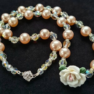 Stunning Bespoke Ceramic Rose Necklace, Pearls and Crystal. Silver clasp.  N0106