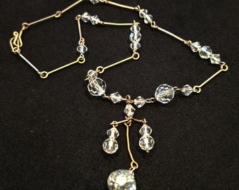 Edwardian gold wire crystal antique necklace with tassel drop. Lead crystal. c1900's. Original condition. V134