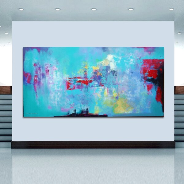 CUSTOM  Abstract painting Green, blue, red, Large size 97x195cm (38x77 inches) Original Abstract Painting, Modern