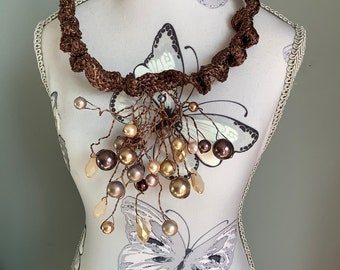 Wired pearls  and crystal fringed statement necklace with mesh ribbon, One off piece, Artistic necklace