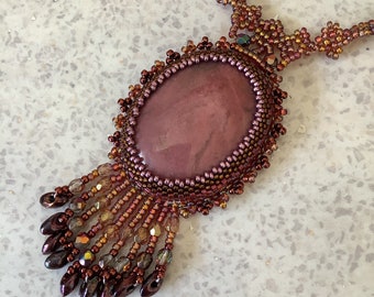 Rhodolite fringed pendant with sead bead strap, Hand stitched necklace, Semi precious Rhodolite necklace, Statement necklace,