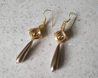 Swarovski crystal and shell pearl drop earrings, Hand stitched earrings, Long dangle drop earrings, Wedding jewelry, Handmade jewellery