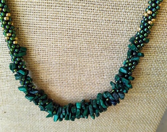 Malachite and sead bead kumihimo necklace, Gemstone necklace, One off unique necklace, Green and gold necklace, Artistic necklace, Gifts for