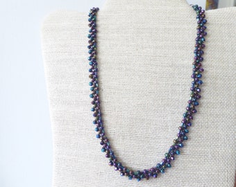 Sead bead necklace, Hand stitched necklace, Metallic necklace, Crystal necklace, Adjustable necklace, Plum necklace, Artistic necklace