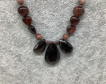 Semi precious Smokey Brown Quartz drops with Red Tigers Eye and Jasper necklace, Semi precious gemstone jewelry, Tigers eye necklace,