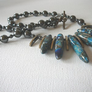 Semi precious Regalite and Hematite necklace, Artistic necklaces with stones, Natural hematite stone, Precious bead necklace, Gemstone piece image 3
