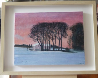 Sunset in Marley Park Dublin Ireland, Snow Sunset painting, Acrylic canvas painting, Snow painting, Painting Irish Scenery, Original art