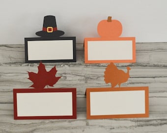 Thanksgiving Place Cards - Set of 12 - Fall Party Decoration - Autumn Food Labels - Turkey Pumpkin Pilgrim Leaf Food Tents - Placecards