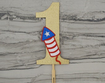 Fourth of July First Birthday Smash Cake Topper - 4th of July Glitter Cake Topper - Patriotic 1st Birthday Theme - Our Little Firecracker