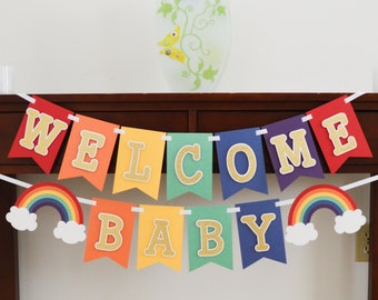 Rainbow Welcome Baby Banner - Rainbow Baby Shower Banner - Baby Shower Decor - Rainbow Baby Sprinkle - Boy Girl Shower - Nursery Decoration