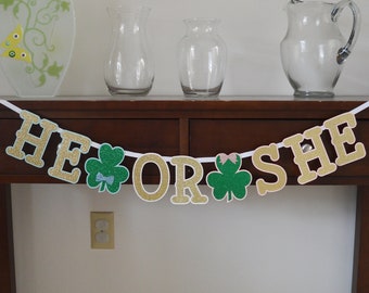 He or She Shamrock Banner, St Patricks Day Gender Reveal, Shamrock Baby Shower, March Baby, Irish Baby Sprinkle, Lad or Lass, Boy or Girl