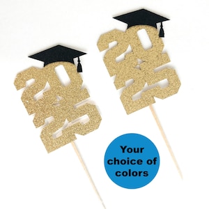 Graduation 2025 Cupcake Toppers - Set of 12 - Choice of Color - Class of 2025 Grad Party Decorations - 2025 Graduate Decor - Graduation Caps