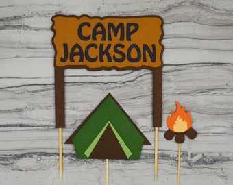 Camping Birthday Cake Topper - One Happy Camper First Birthday Party - Glamping - Great Outdoors  - Personalized Sign, Tent, and Campfire