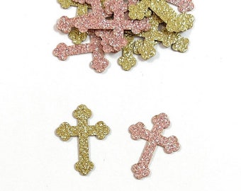 Cross Confetti in Gold and Pink Glitter  - 100 Pieces - Baptism Table Scatter - Christening Decor - First Communion Decoration - Religious