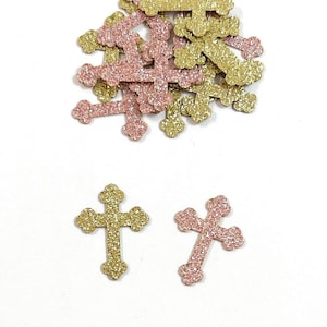 Cross Confetti in Gold and Pink Glitter  - 100 Pieces - Baptism Table Scatter - Christening Decor - First Communion Decoration - Religious