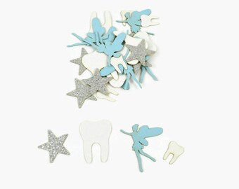 Tooth Fairy Confetti - 100 Pieces - Light Blue, Silver, and White - First Tooth Loss - Tooth Fairy Visit Kit - Tooth Fairy Dust