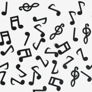 May include: Black musical note confetti on a white background. The confetti includes treble clefs, quarter notes, eighth notes, and half notes.