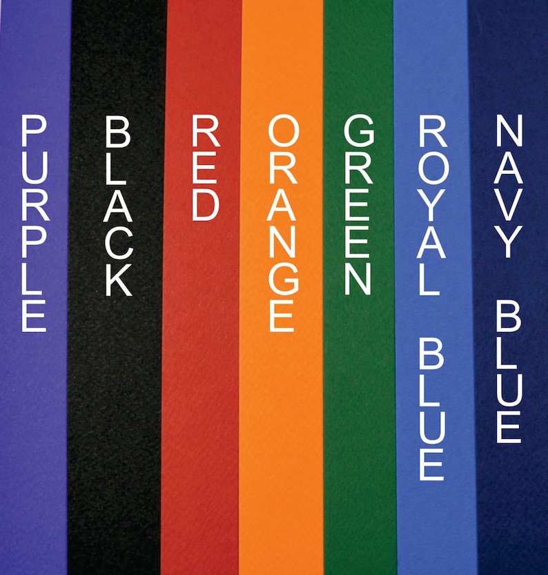 May include: A series of vertical stripes in various colours, each labelled with a white font. The colours are purple, black, red, orange, green, royal blue, and navy blue. The image is brightly lit.