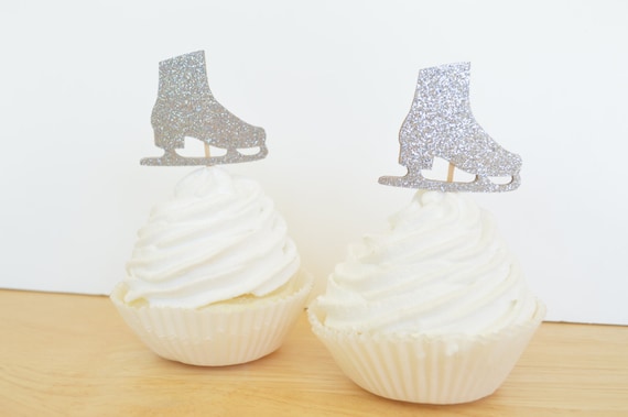 Ice Skate Cupcake Toppers in Silver Glitter Paper Set of 12 Ice Skate Cupcake Toppers in Silver Glitter Paper Set of 12