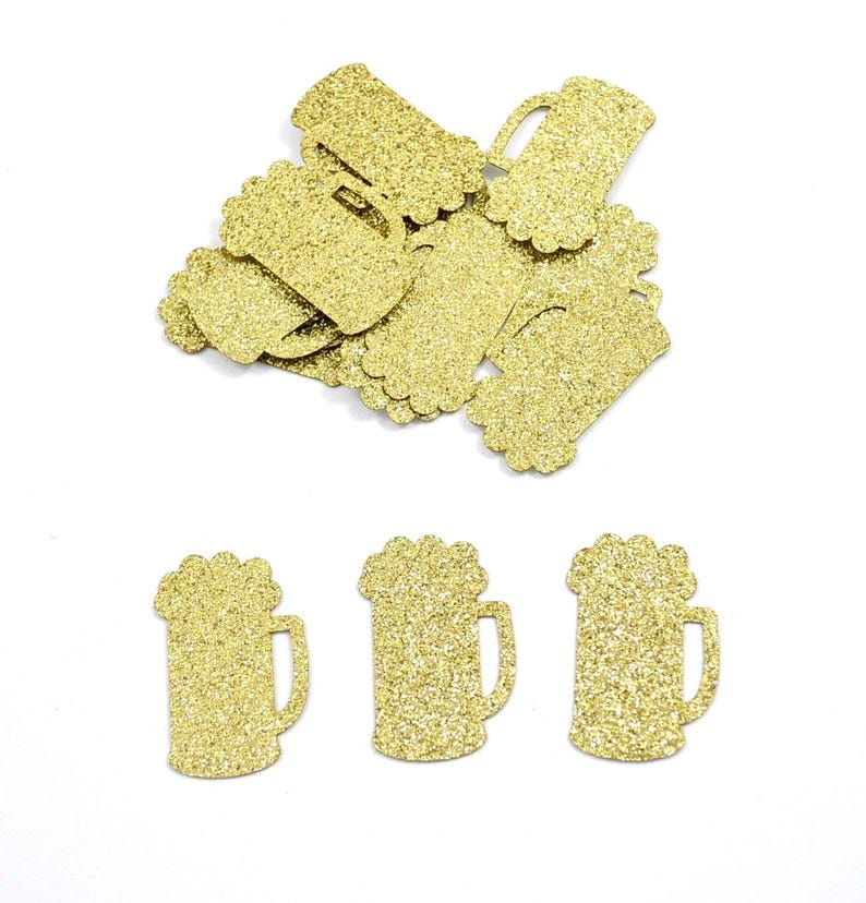 Beer mug shaped confetti pieces in gold glitter.