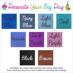 Puede incluir: Una carta de colores con muestras de purpurina en varios tonos, incluyendo azul real, azul marino, azul claro, turquesa, b&iacute;garo, morado oscuro, morado claro, negro y marr&oacute;n. El texto "Decorate Your Big Day" se muestra en la parte superior.