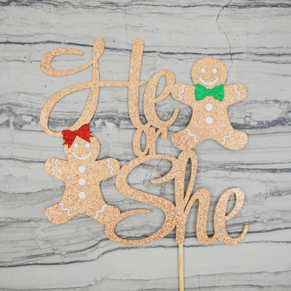 He or She Gingerbread Christmas Cookie Cake Topper - Gender Reveal Baby Shower - Christmas Baby Shower - Winter Baby Sprinkle - Boy or Girl