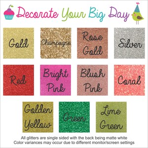 Puede incluir: Un gr&aacute;fico colorido con muestras de purpurina en oro, champ&aacute;n, oro rosa, plata, rojo, rosa brillante, rosa rubor, coral, amarillo dorado, verde y verde lima. El texto "Decorate Your Big Day" est&aacute; en la parte superior, con una ilustraci&oacute;n de cupcake y p&aacute;jaro.
