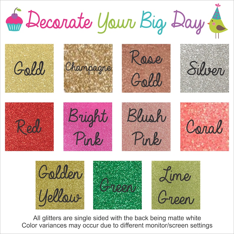 Puede incluir: Un gr&aacute;fico colorido con muestras de purpurina en oro, champ&aacute;n, oro rosa, plata, rojo, rosa brillante, rosa rubor, coral, amarillo dorado, verde y verde lima. El texto "Decorate Your Big Day" est&aacute; en la parte superior, con una ilustraci&oacute;n de cupcake y p&aacute;jaro.