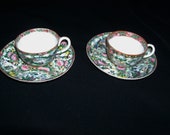 Rare Antique Chinese Qing Dynasty Rose Canton Famille Porcelain Pair Demitasse Cups and Saucers - Fluted - Cups with Curved, Twisted Handles