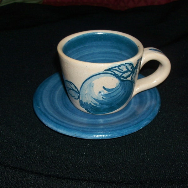 Original  Dorchester Stoneware Art Pottery Fruit Design Demitasse/Expresso Cup and Saucer - Apple and Leaves Design-signed