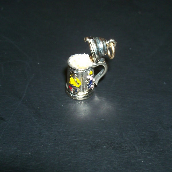 Vintage Silvertone  Beer Stein Charm – 3-D with Enamel Figures and Moveable Lid