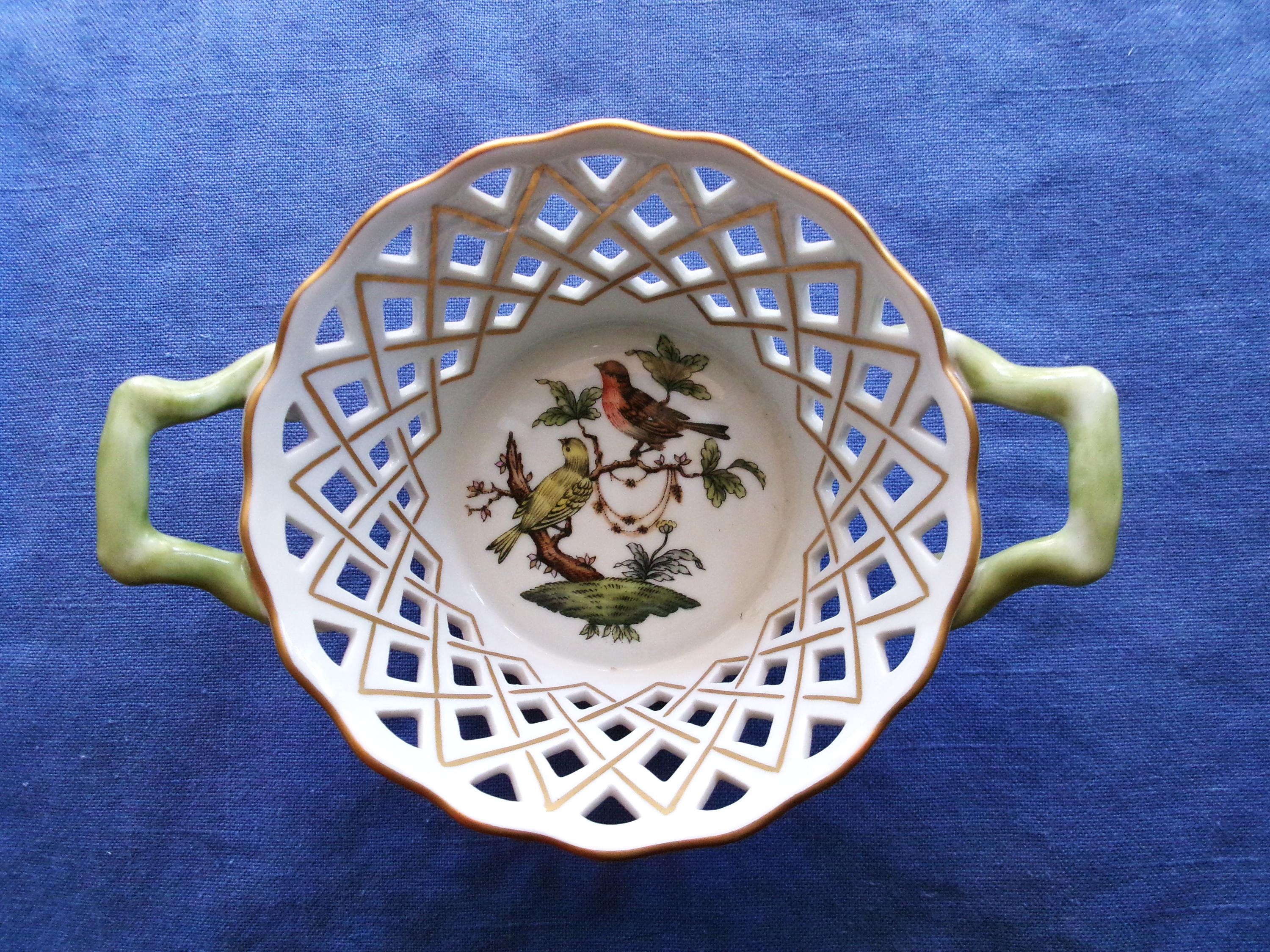 Vintage Herend Rothschild Bird Basket With Handles: Handpainted