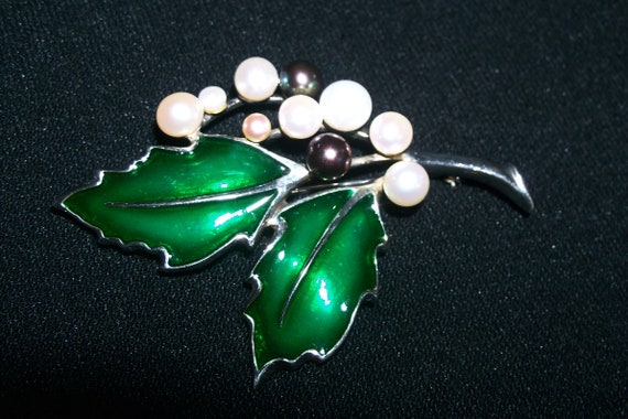 Vintage Sterling Silver Holly Green Enamel and Fr… - image 3