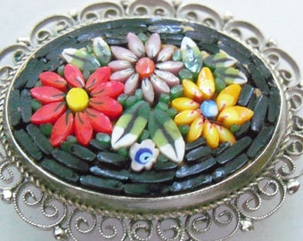 Vintage Italian Micro Mosaic Floral Brooch Pin - Black and Multi Color Flowers with Silver made in Italy