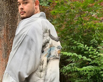 Vintage zijden kimono lange jas, kimono duster, Japanse gewaad, comic con, mens badjas, Japanse kunst, kunst om te dragen, handgeschilderde badjas, zijden gewaad