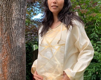 Hoodie, White Hoodie, Silk Hoodie, Silk Top, Japanese Art, Art to Wear, Streetwear Top, Comic con Wear, Up cycled Kimono, Sustainable Wear