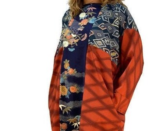 Zijden Jurk | Tuniek Jurk | Opgerommelde Kimono | Oranje Jurk | Blauwe Jurk | Jurk met zakken | Duurzame Dress | Tuniek Top | Boho Jurk