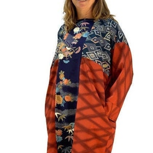 Silk Dress | Tunic Dress | Up cycled Kimono | Orange Dress | Blue Dress | Dress with Pockets | Sustainable Dress | Tunic Top | Boho Dress