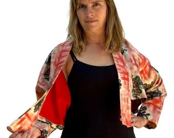 Gewasjas | Zijdejas | Oranje jas | Vintage Zijde Kimono | Ikat Kimono Jas | Ikat Jas | Up gefietste Kimono | Duurzame kleding