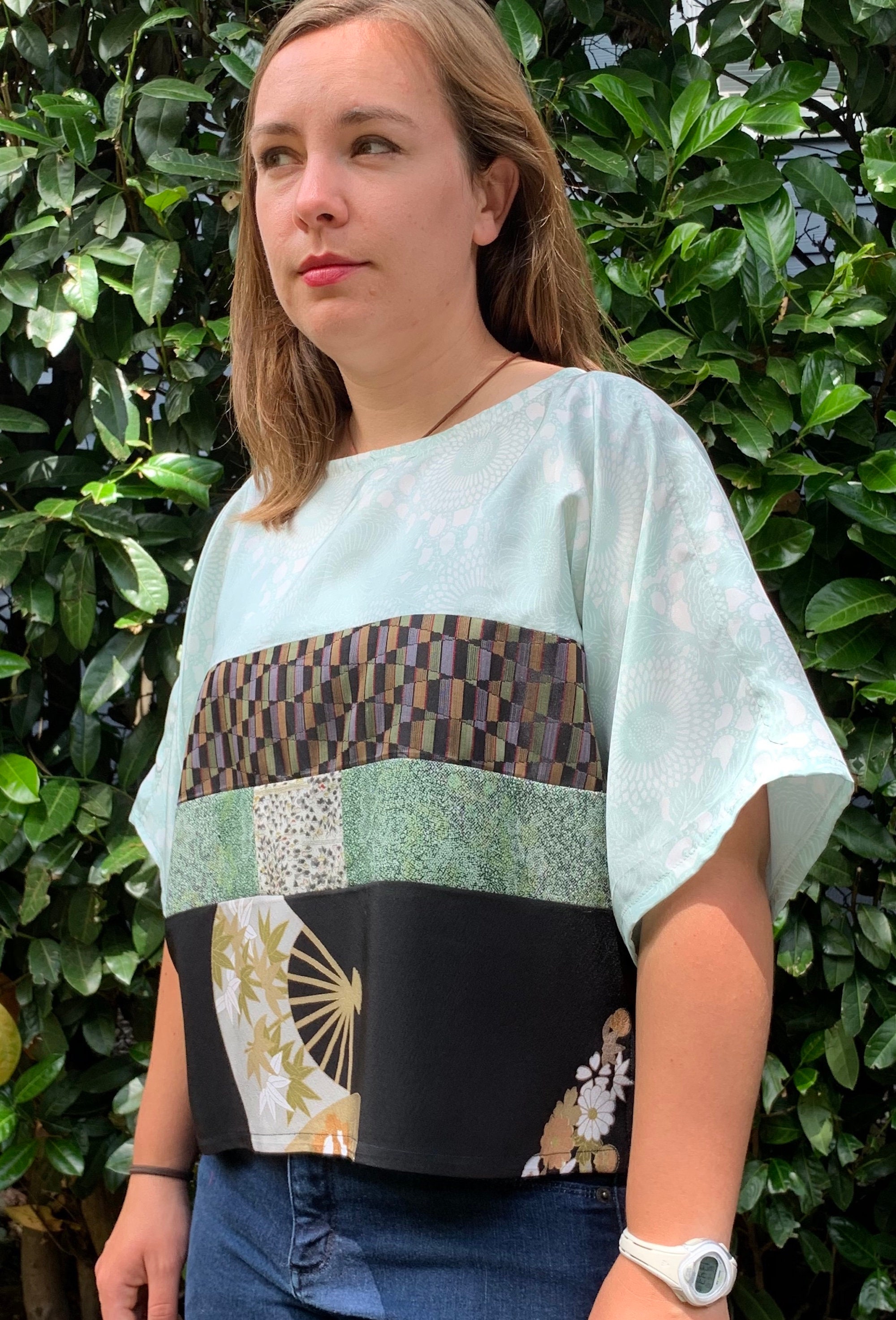 Silk Top, Green Top, Silk Kimono, Boatneck Top, Up cycled Kimono