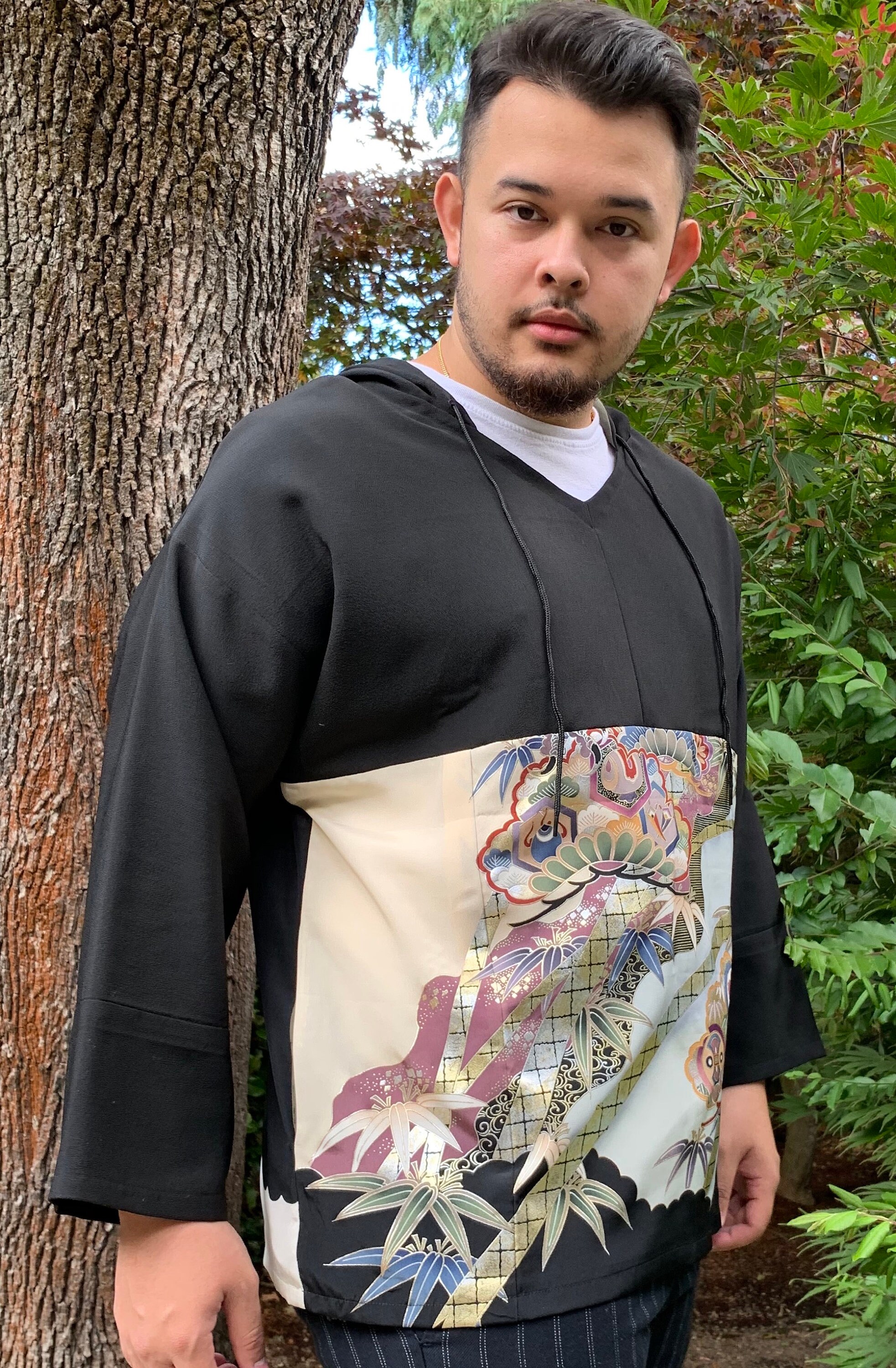 Japanese Print Hoodie Black Hoodie Silk Hoodie Silk Top Kimono