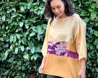 Dragon Top, Silk Top, Tuniek Top, Zijden Blouse, Comic con, Duurzame Slijtage, Up cycled Kimono, Gold Blouse